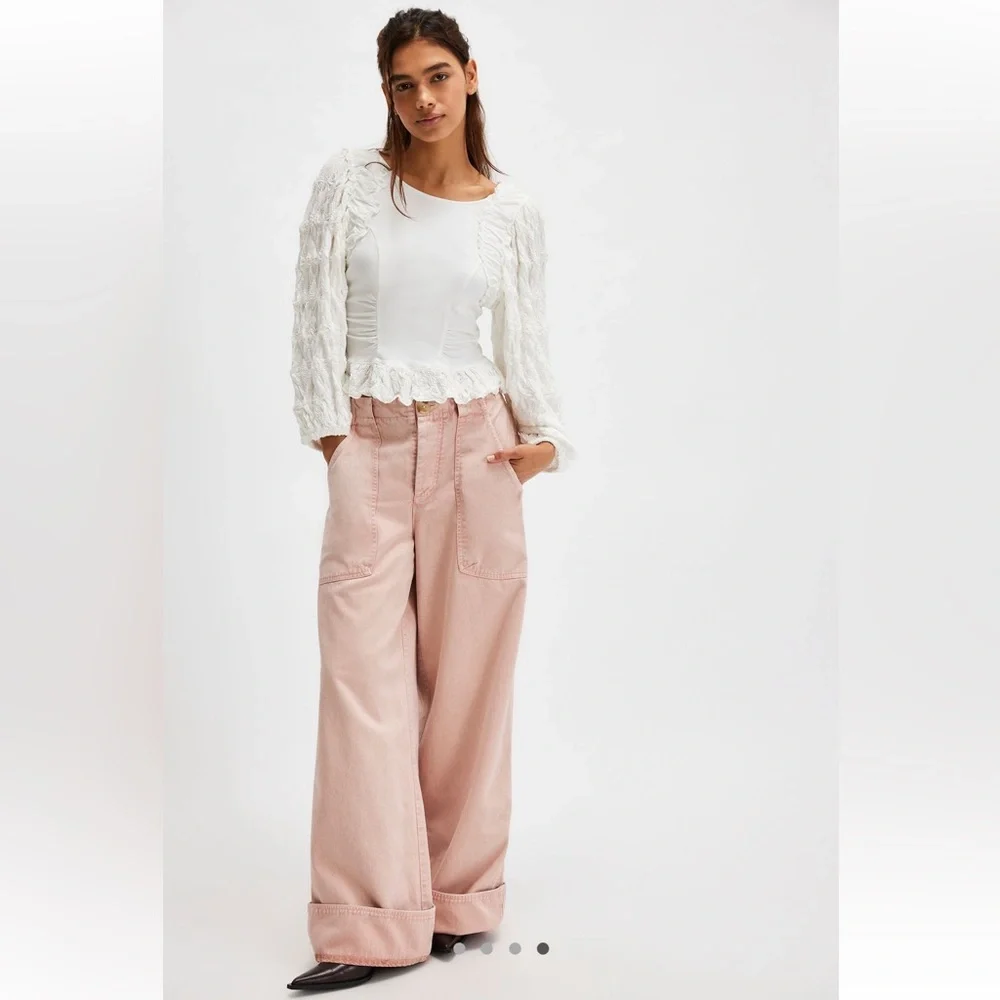 Free People Olivia Contrast Stitch Knit Top White Boho Blouse XS